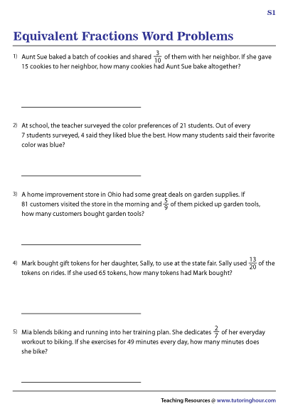 Equivalent Fractions Word Problems Worksheets