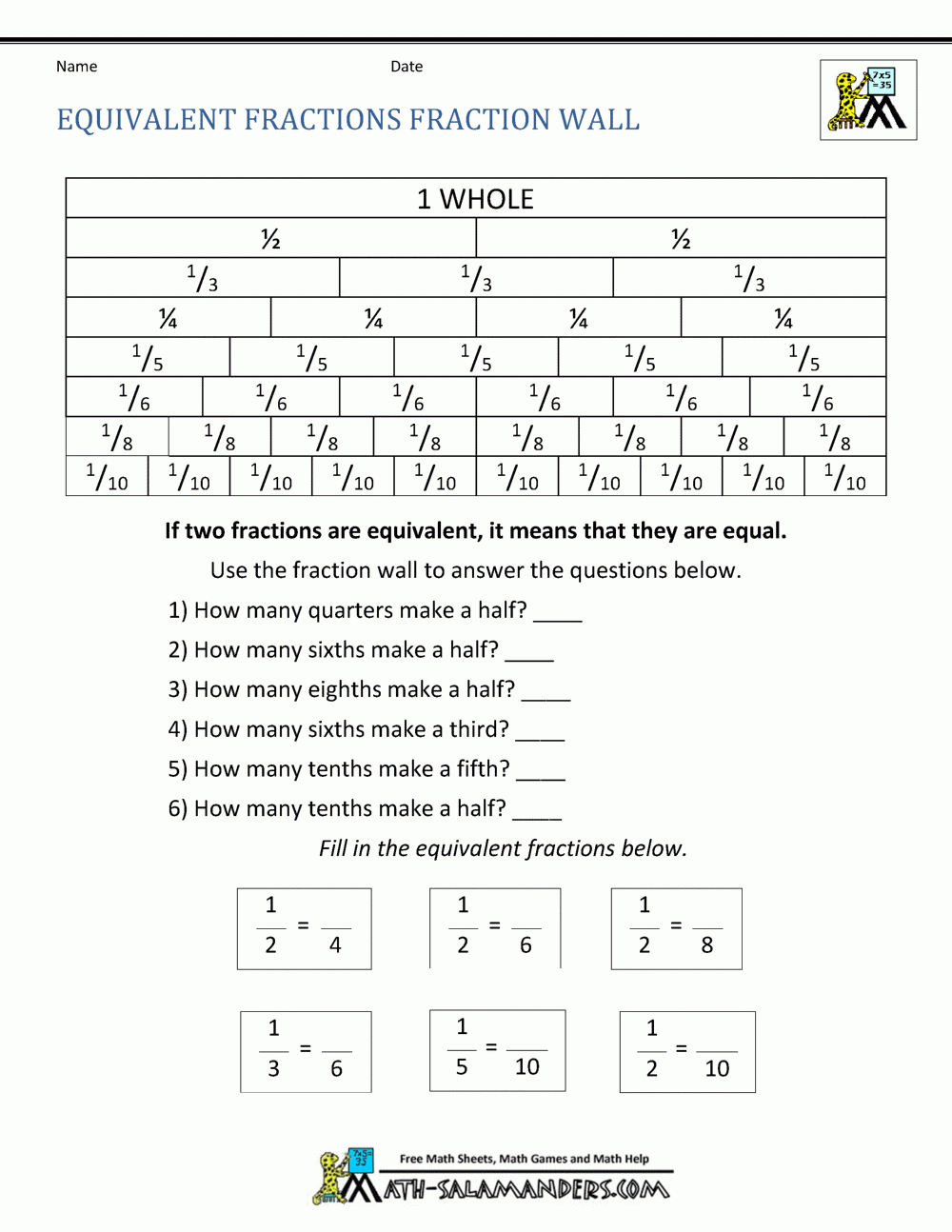 Equivalent Fractions Worksheet