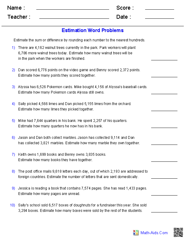 Estimating Sums And Differences 4 Digits Word Problems Math Aids Com 