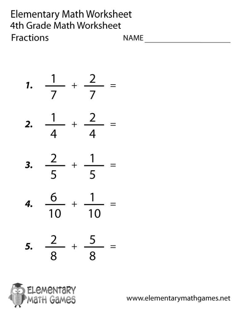 Fourth Grade Adding Fractions Worksheet