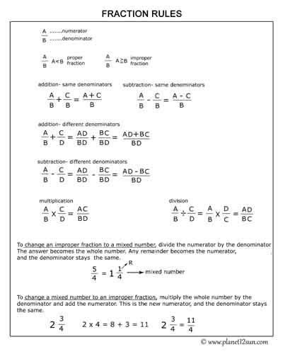 Fraction Rules Adding Subtracting Multiplying Dividing Fractions 