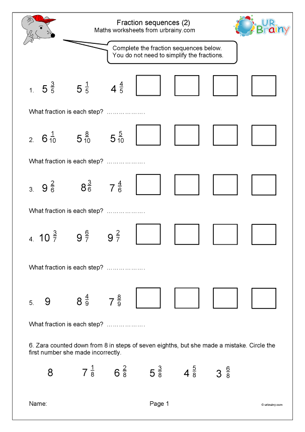 Fraction Sequences 2 Fraction And Decimal Worksheets For Year 5 