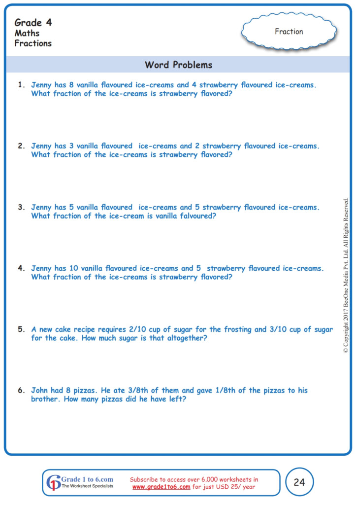 Fractions Word Problems Worksheets www grade1to6