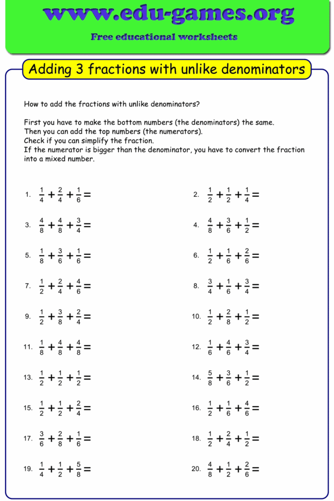 Free Adding 3 Fractions With Unlike Denominators Worksheets Create 