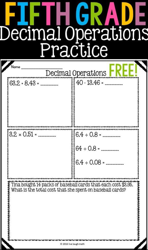 Free Fifth Grade Decimal Operations Printable Can Be Used As Daily 