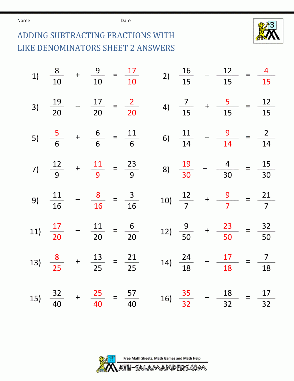 Free Fraction Worksheets Adding Subtracting Fractions ...