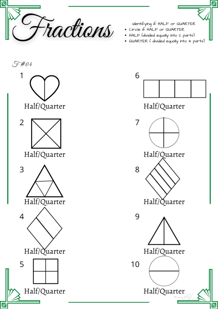 Grade 1 Math Activity Sheets Identifying Equal Parts Half Or Quarter 