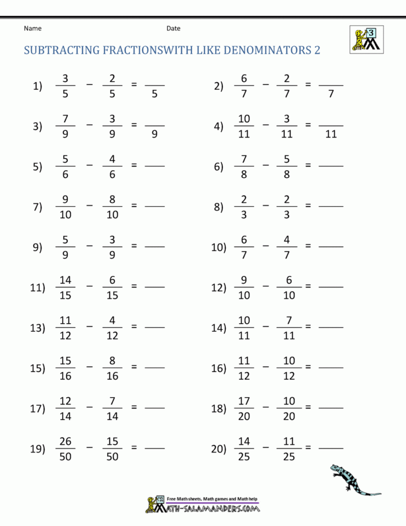 Grade 4 Fractions Worksheets Free Printable K5 Learning Subtracting 