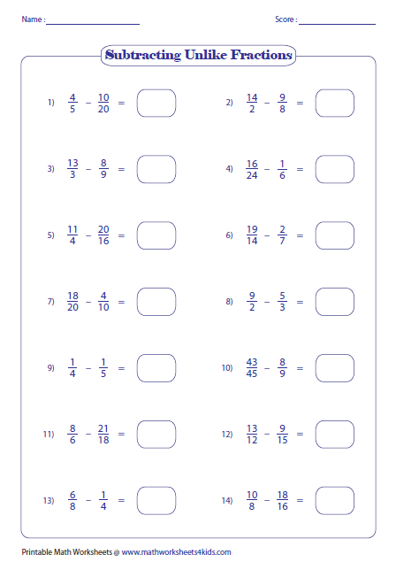 Https www mathworksheets4kids fractions subtraction unlike all