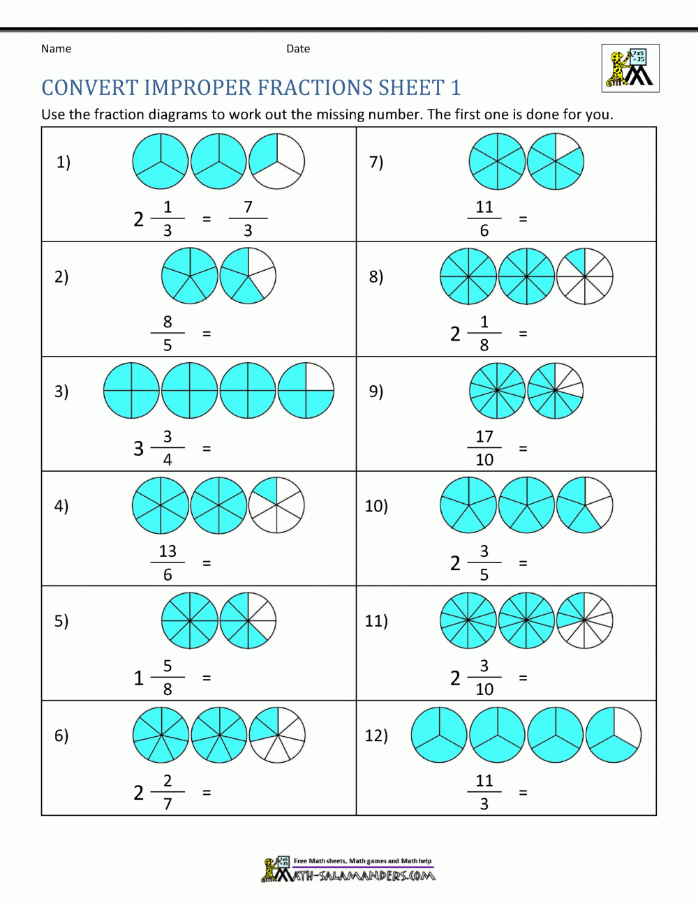 Improper Fraction Worksheets