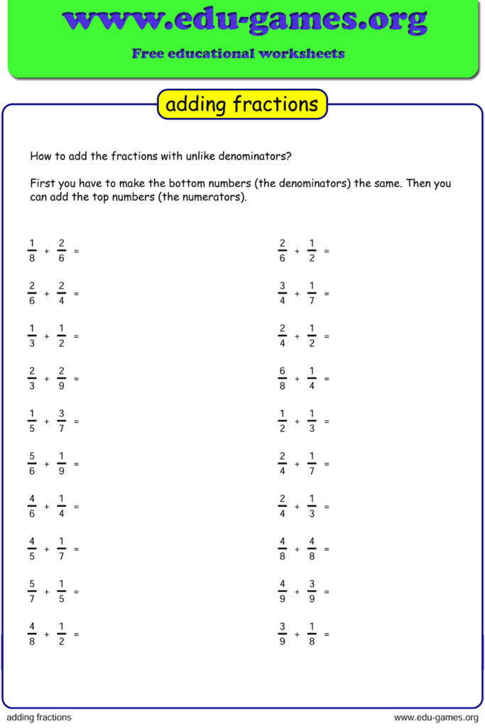 Like And Unlike Fractions Worksheets Grade 4 Download Worksheet