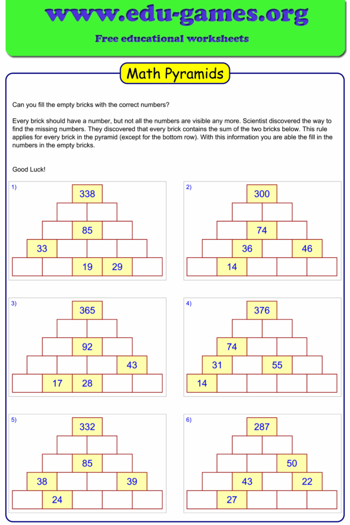 Math Pyramid Game Worksheets Free Printable Math Puzzles