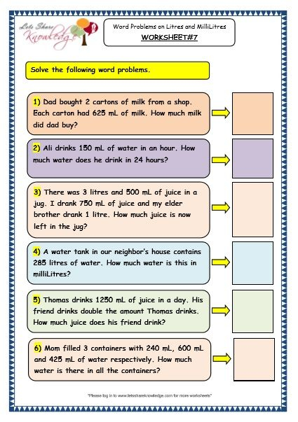 Measurement Of Capacity Word Problems On Litres And Millilitres 