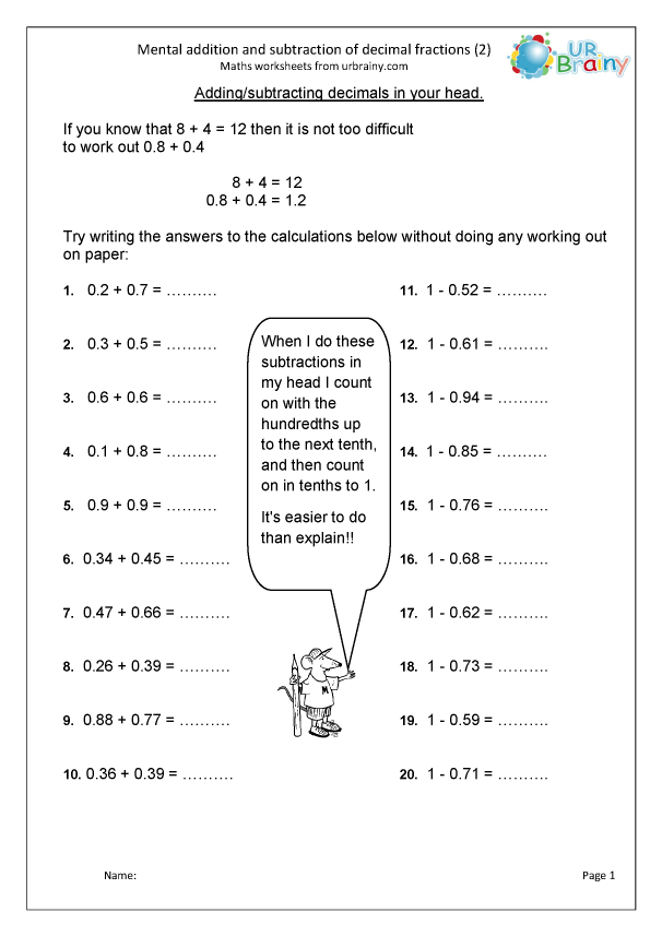 Mental Addition And Subtraction Of Decimals 2 Addition In Year 5 