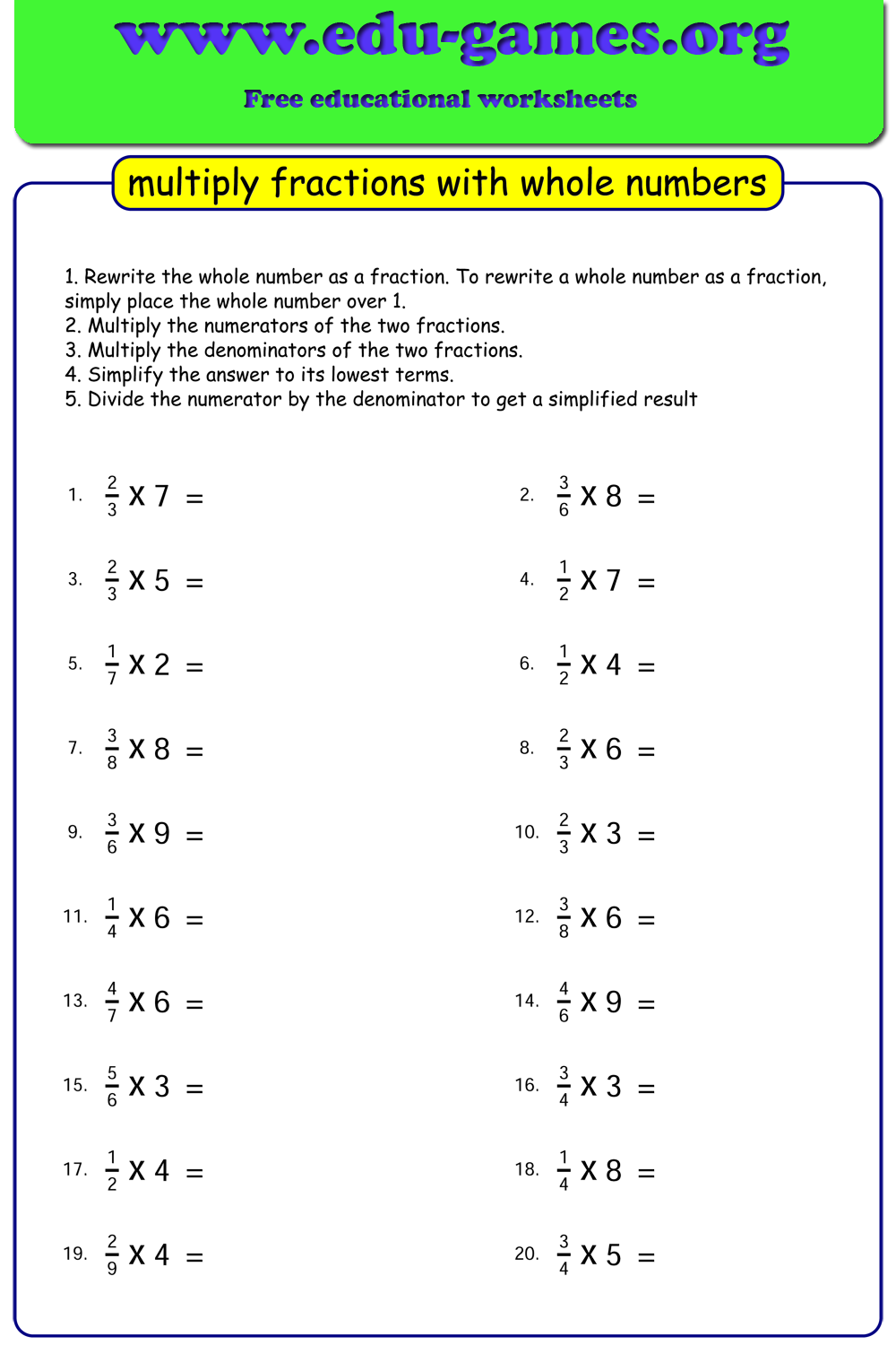 Multiplying Fractions 5th Grade Math Worksheet Greatschools Free