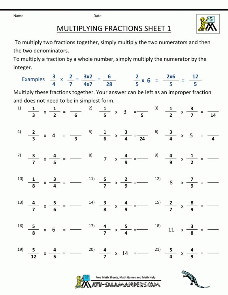 Multiplying Fractions Worksheets Samples