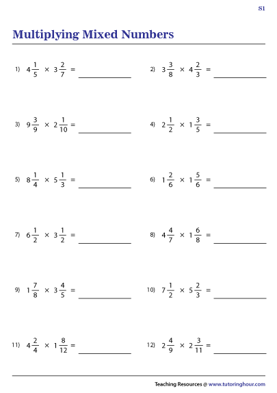 Multiplying Mixed Numbers Worksheets