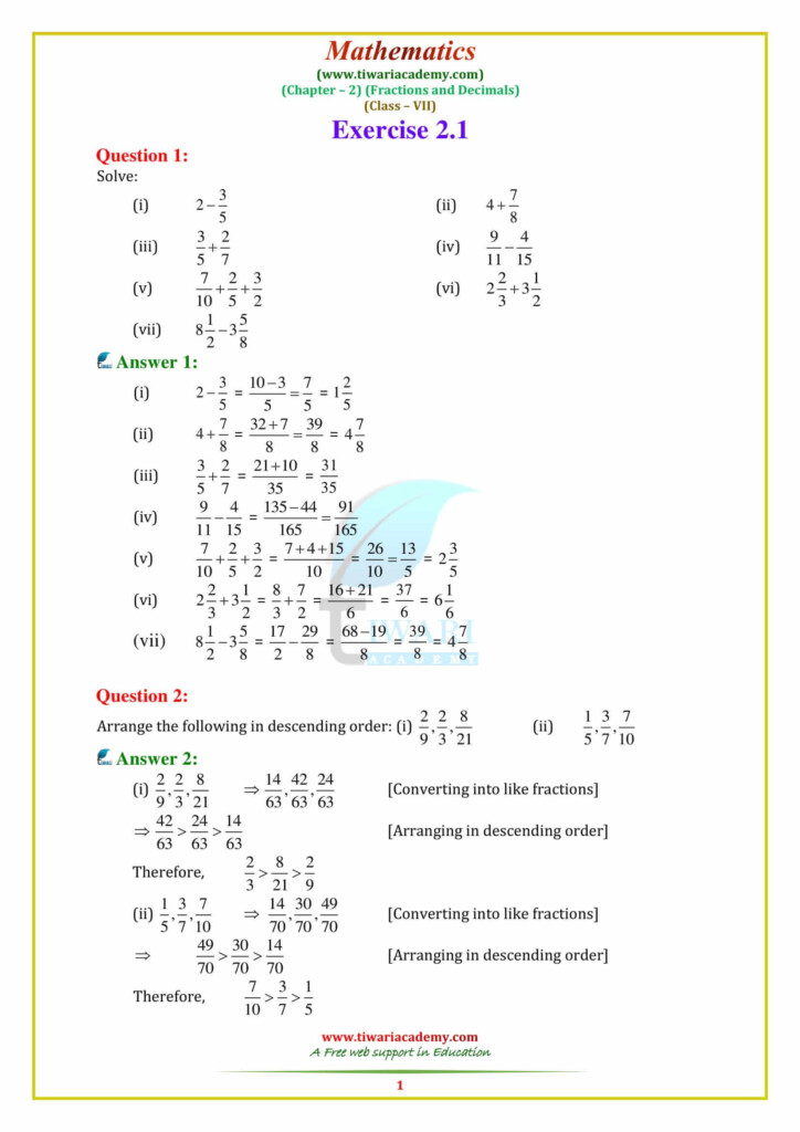 NCERT Solutions For Class 7 Maths Chapter 2 Fractions And Decimals 