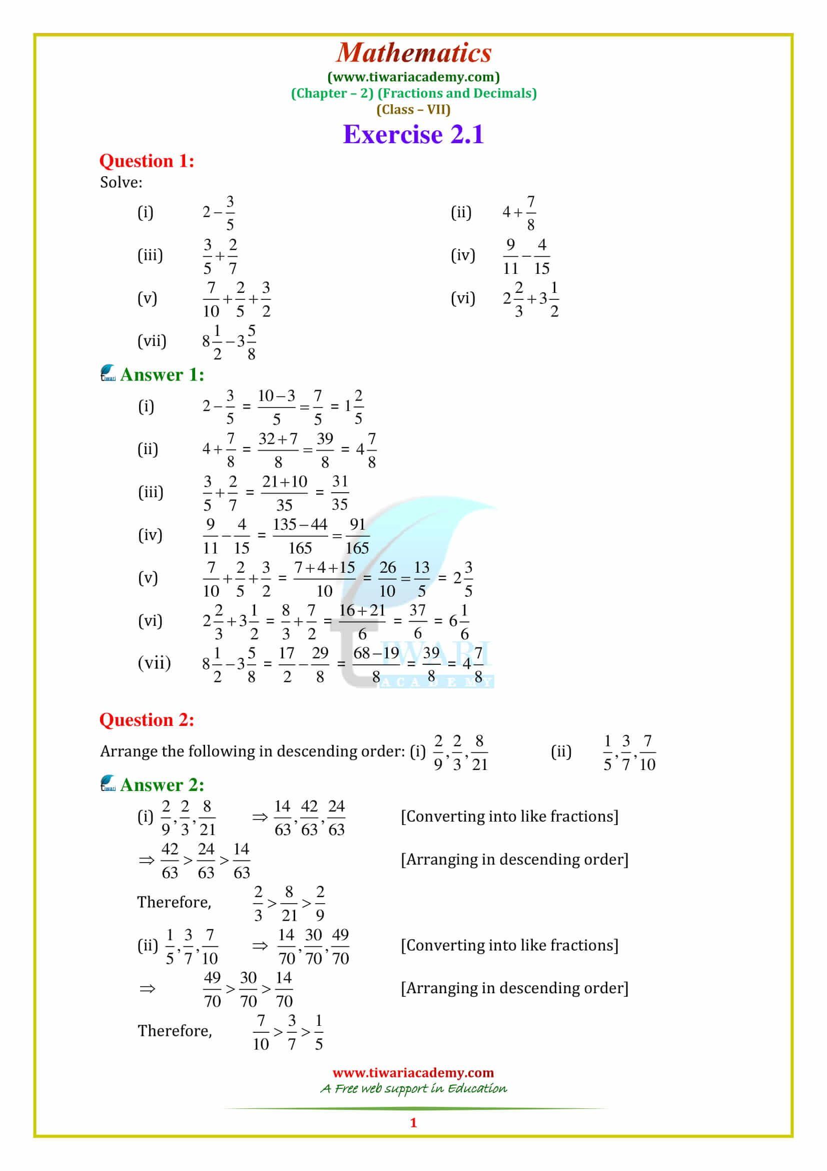 NCERT Solutions For Class 7 Maths Chapter 2 Fractions And Decimals