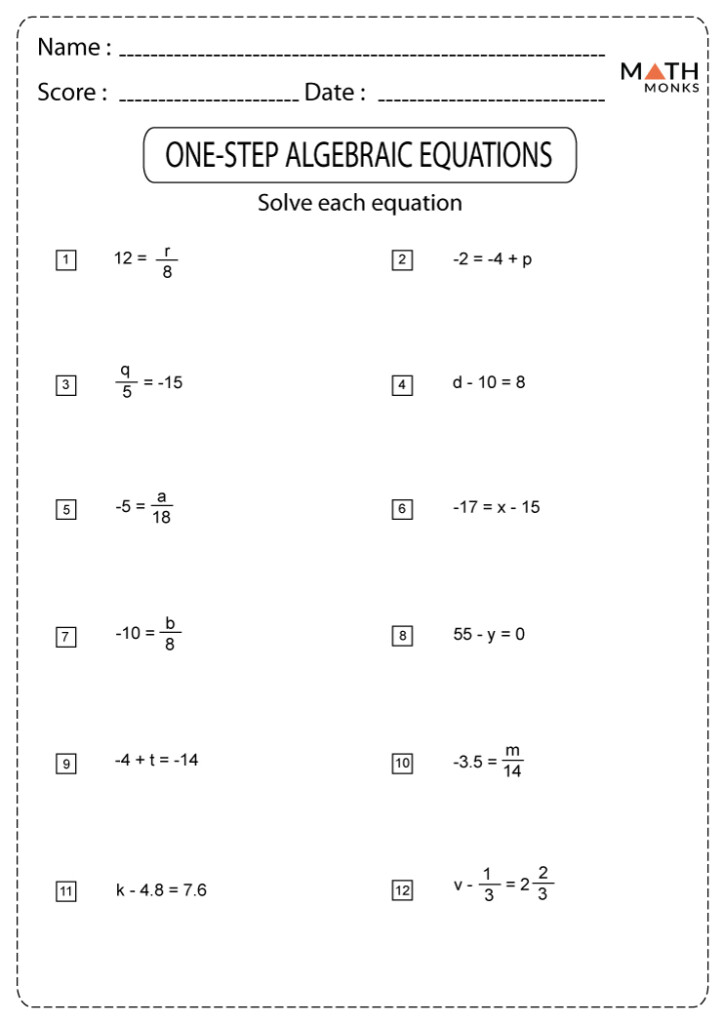 One Step Equations Worksheets Math Monks