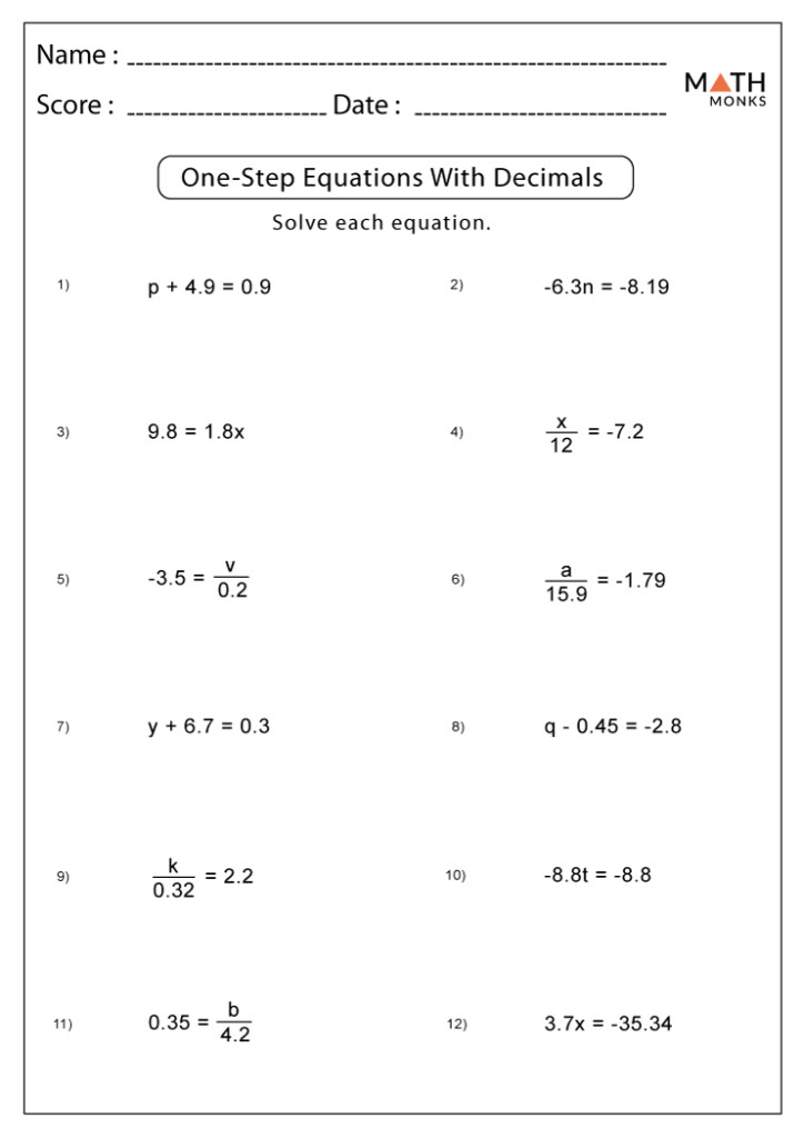 One Step Equations Worksheets Math Monks