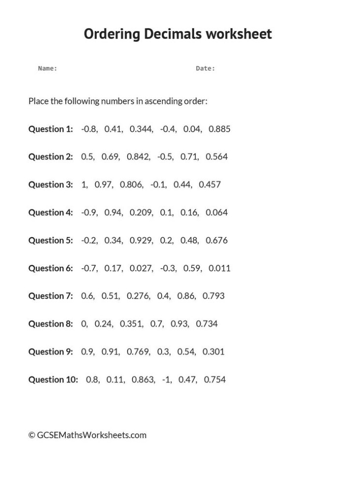 Ordering Decimals Worksheet Integers Worksheet Decimals Worksheets 