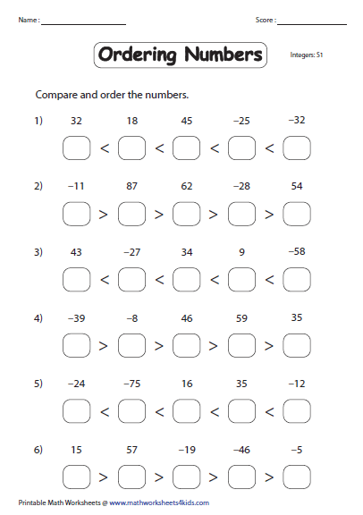 Ordering Integer Worksheets Printable