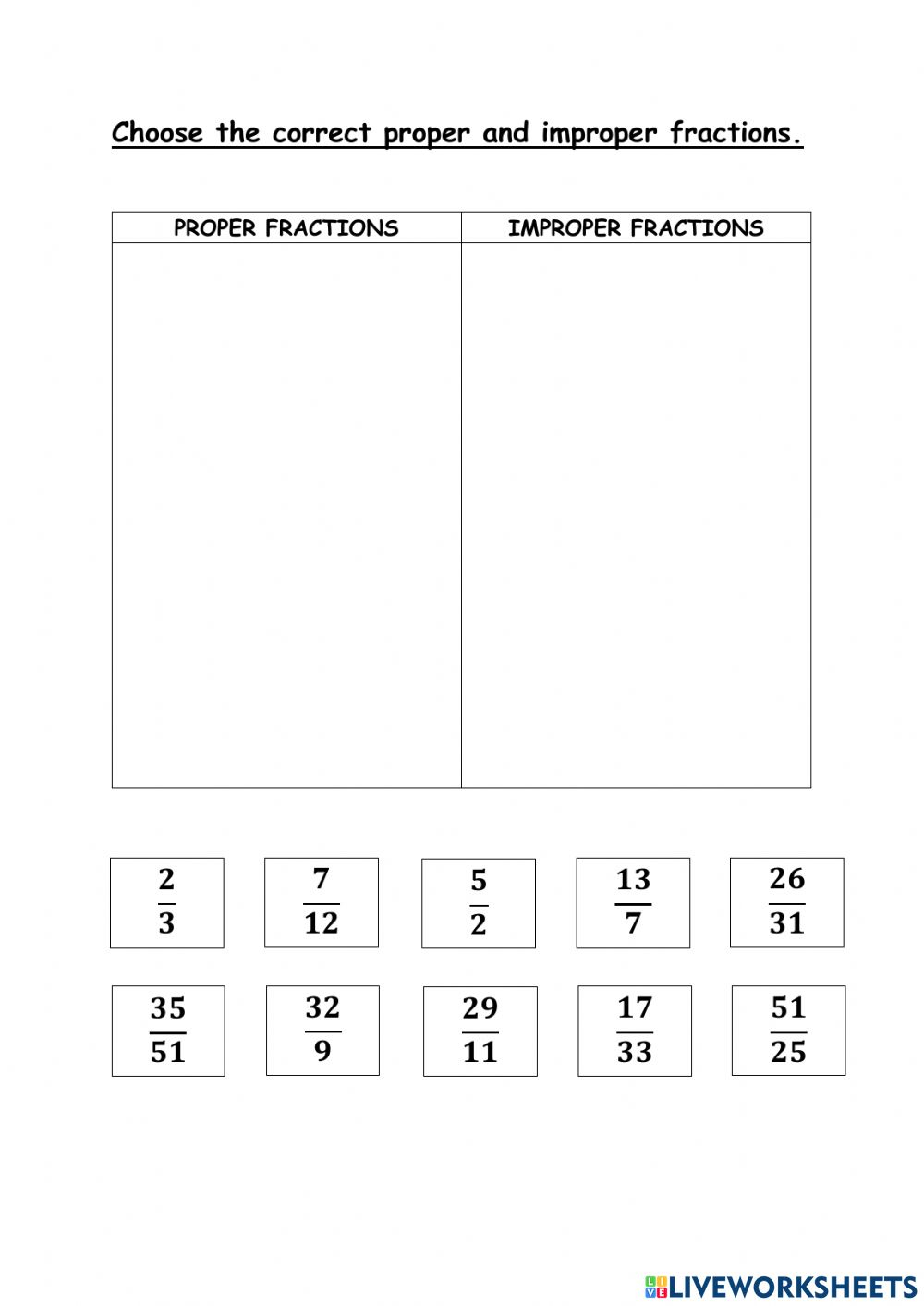 Proper And Improper Fractions Worksheet