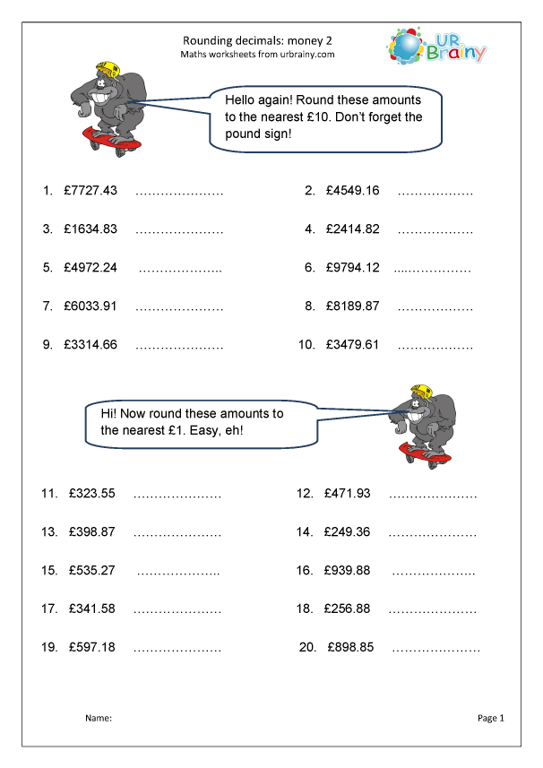 Rounding Money 2 Fraction And Decimal Worksheets For Year 6 age 10 