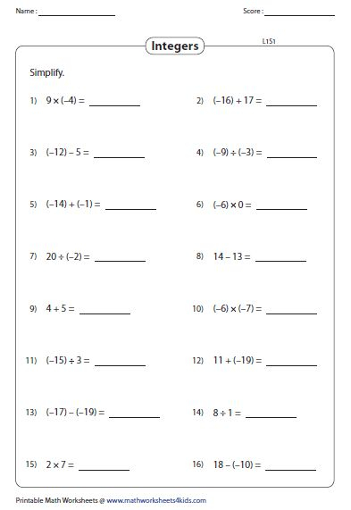 Simplify The Expressions Integers Worksheet Integers Math Integers