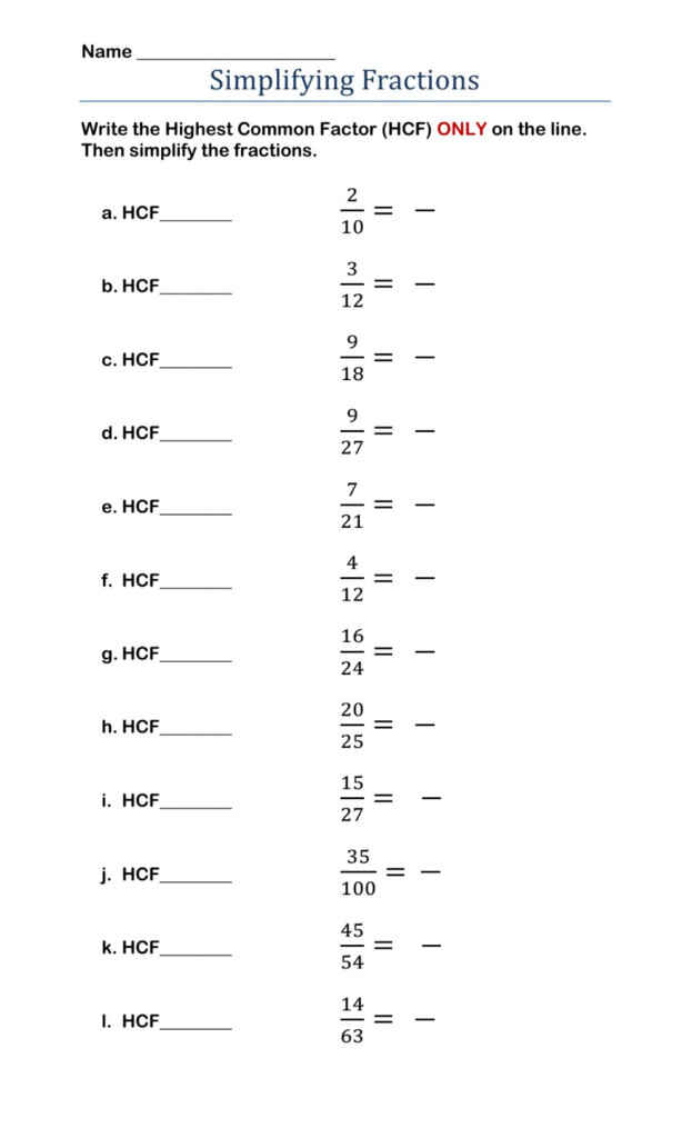 Simplifying Fractions Online Worksheet