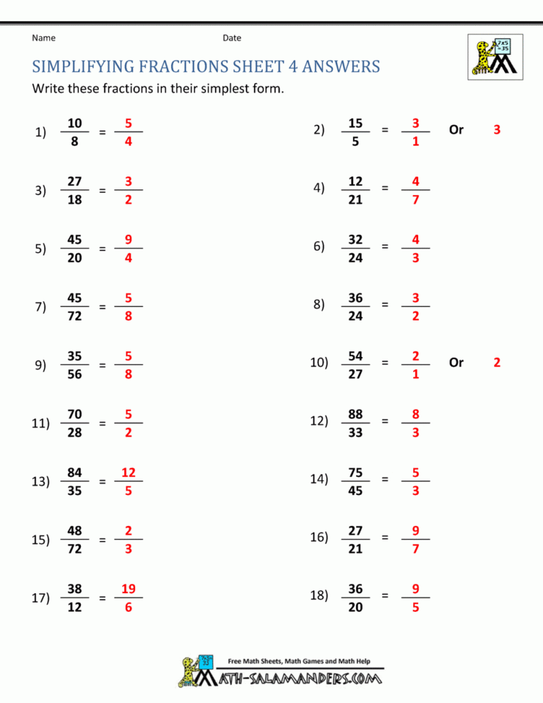 Simplifying Fractions Worksheet