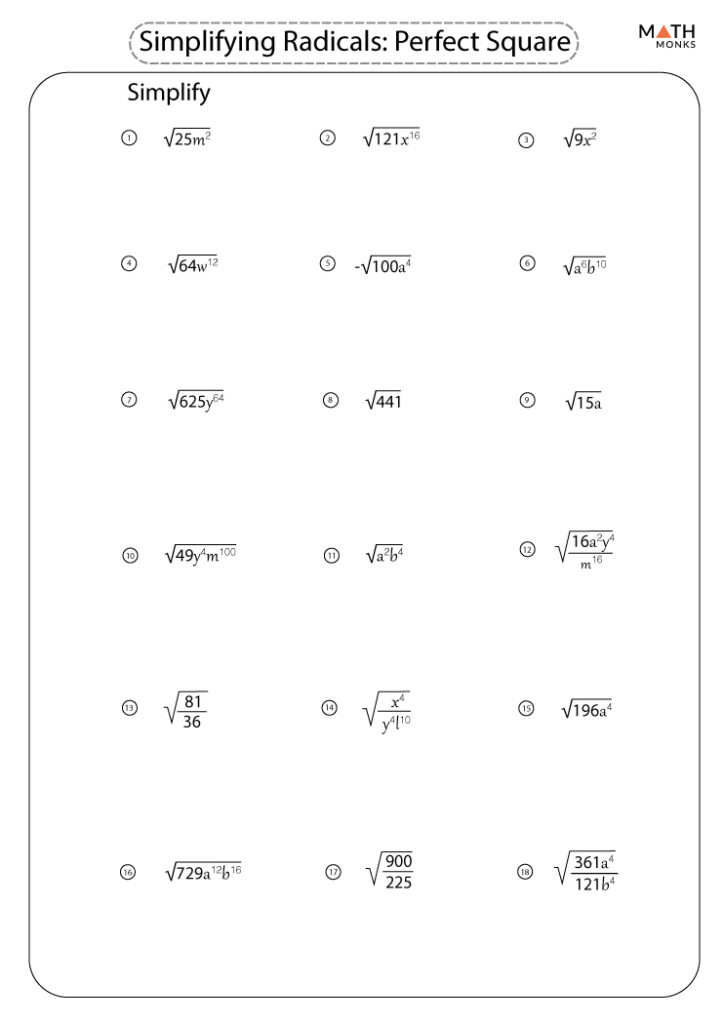 Simplifying Radicals Worksheets Math Monks