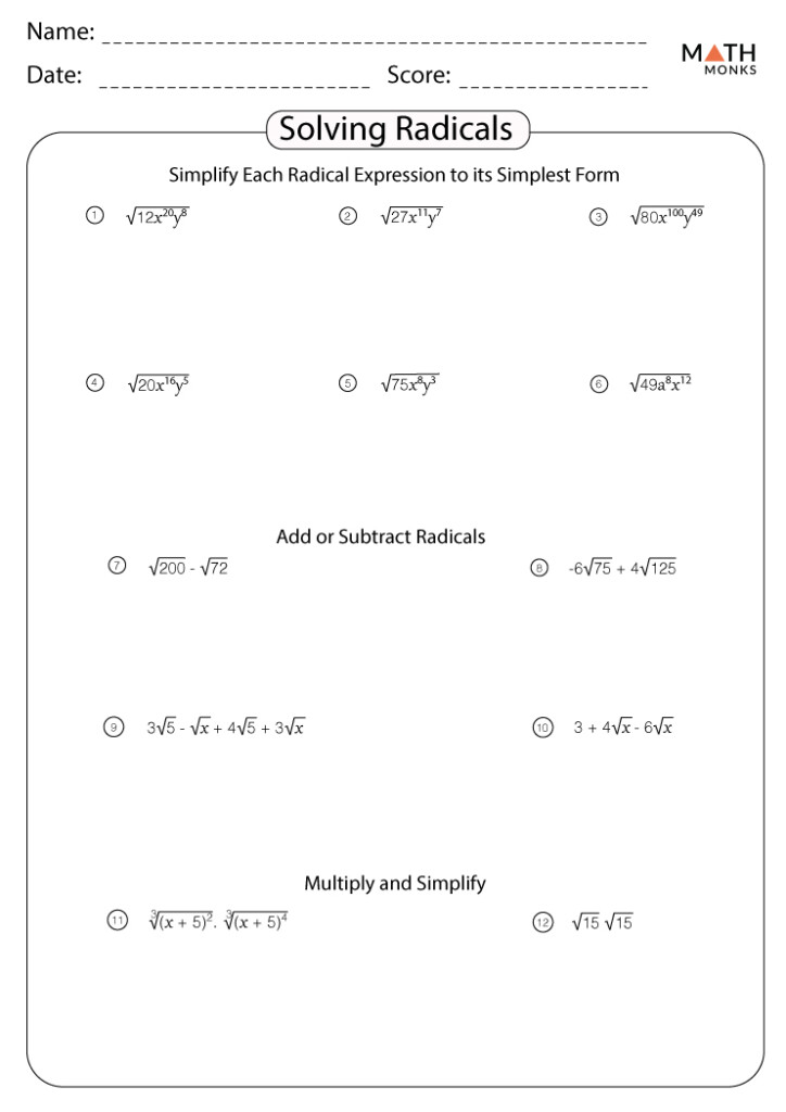 Simplifying Radicals Worksheets Math Monks