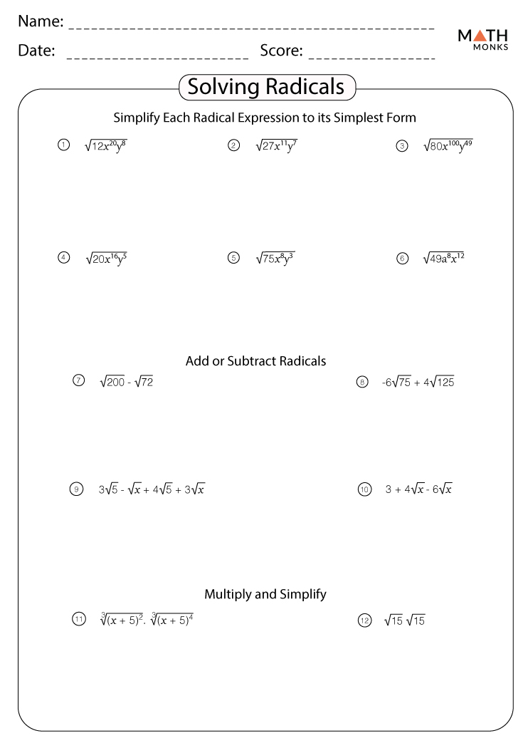 Simplifying Radicals Worksheets Math Monks