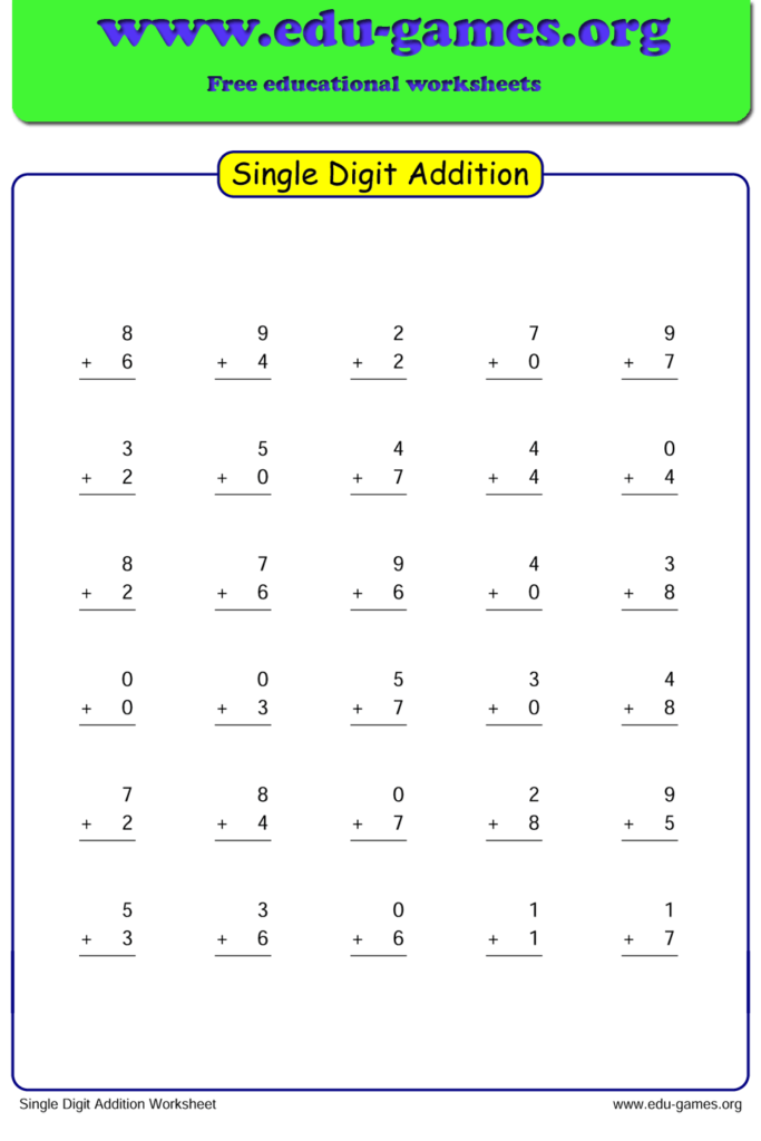 Single Digit Addition Worksheet Generator Grade 1 The Site For Free 