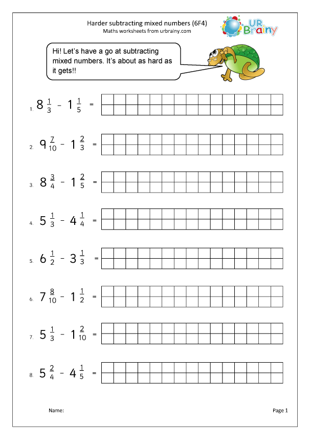 Subtract Mixed Numbers harder Arithmetic Paper Practice Maths 