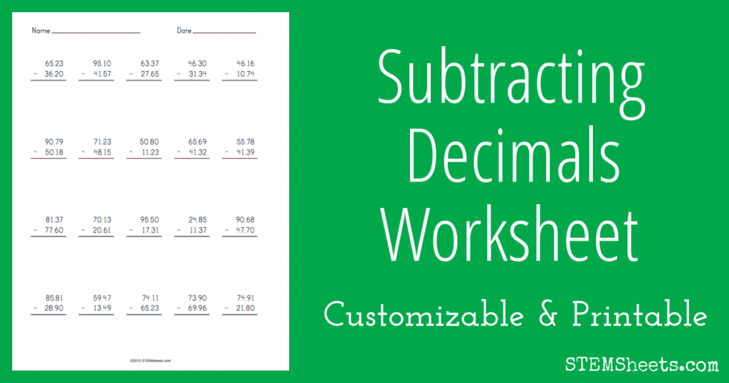 Subtracting Decimals Worksheet STEM Sheets