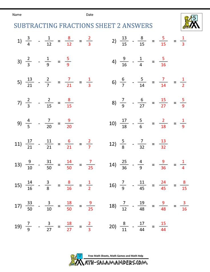 Subtracting Fractions Sheet 2 Answers Subtracting Fractions 