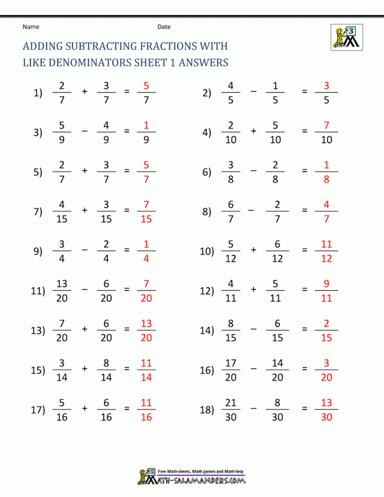 Subtracting Fractions With Like Denominators Worksheets