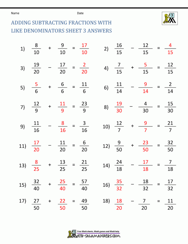 Subtracting Fractions With Like Denominators Worksheets