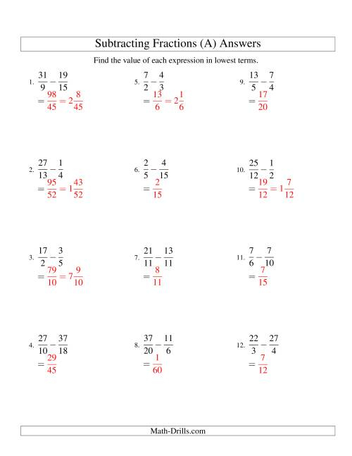 Subtracting Fractions With Unlike Denominators And Some Improper 