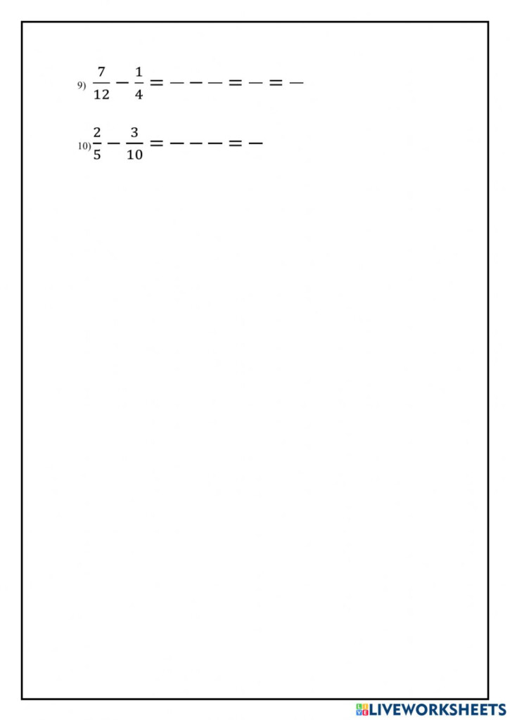 Subtracting Fractions With Unlike Denominators Interactive Worksheet