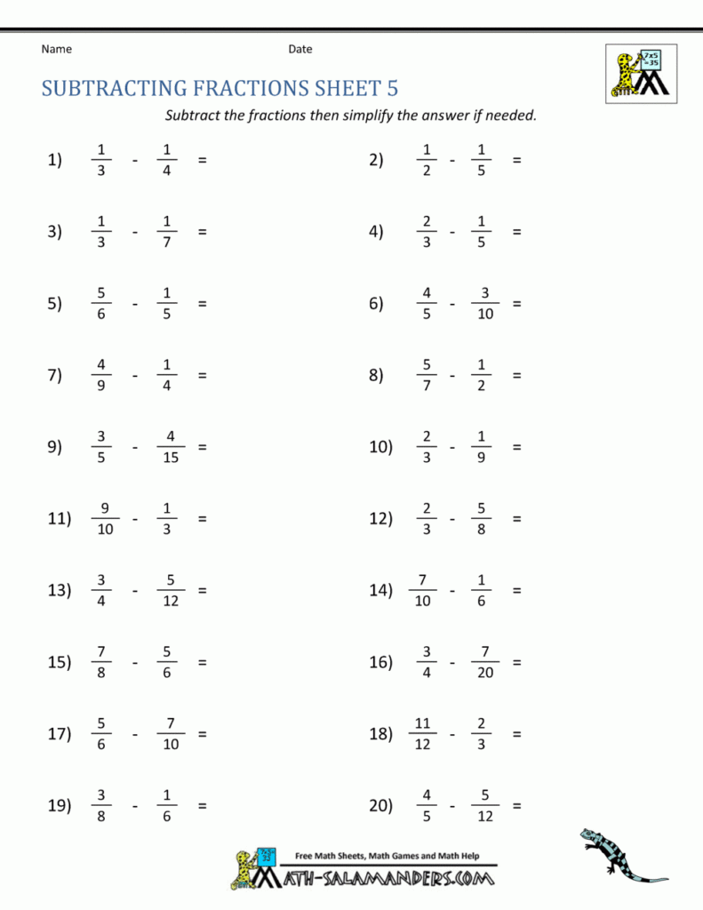 Subtracting Fractions With Unlike Denominators Worksheet Slide Share