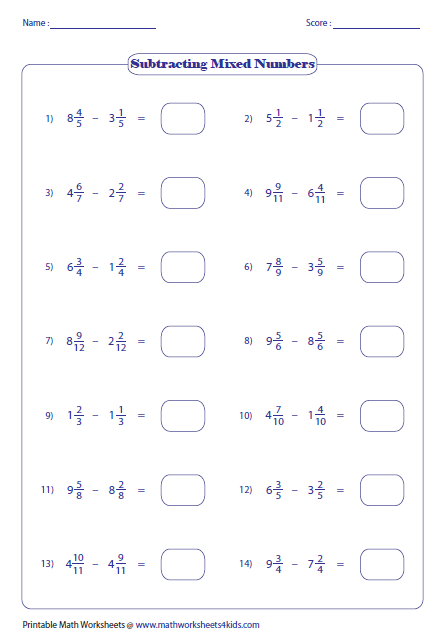 Subtracting Fractions Worksheets