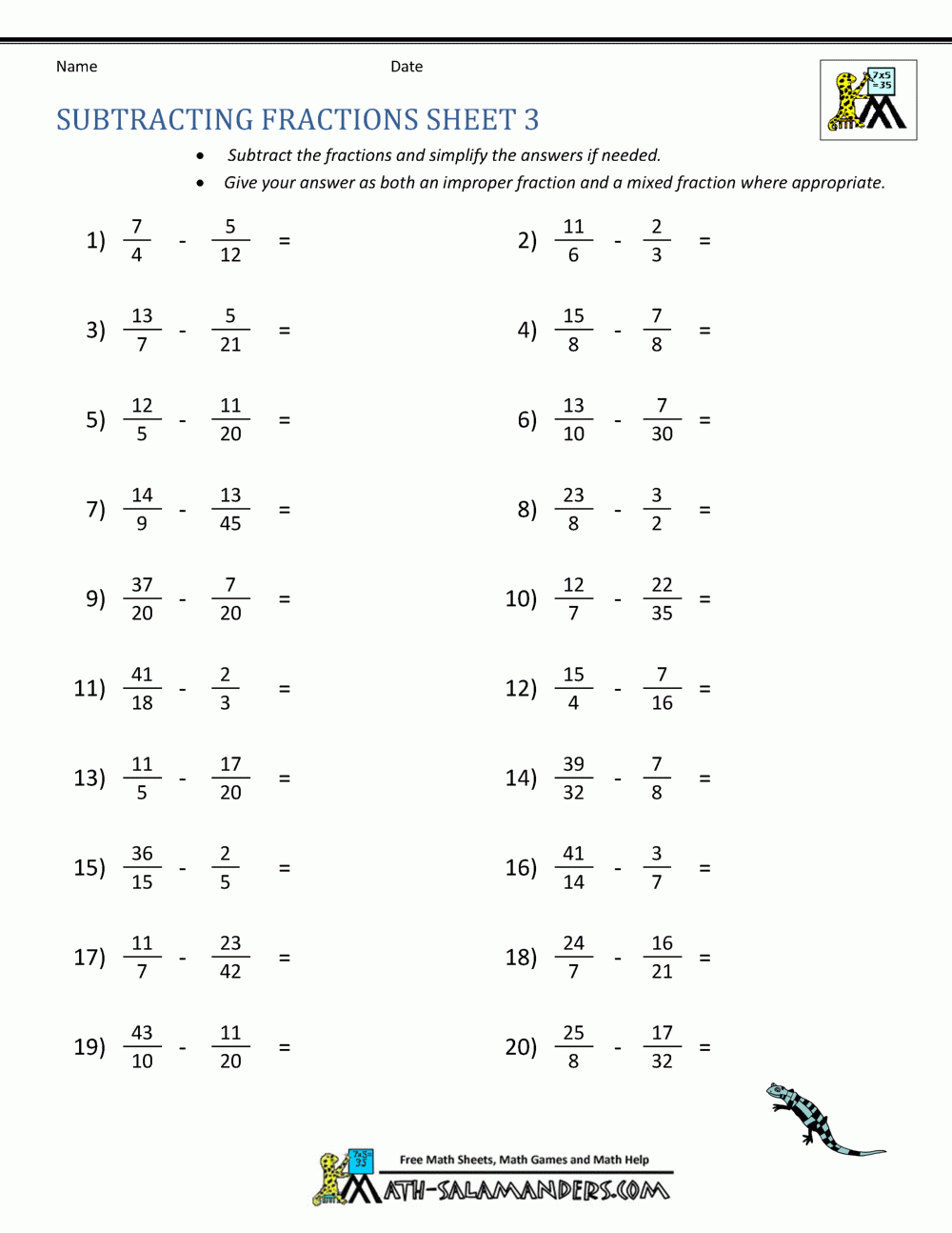 Subtraction Of Fractions Worksheets With Answers FractionsWorksheets net
