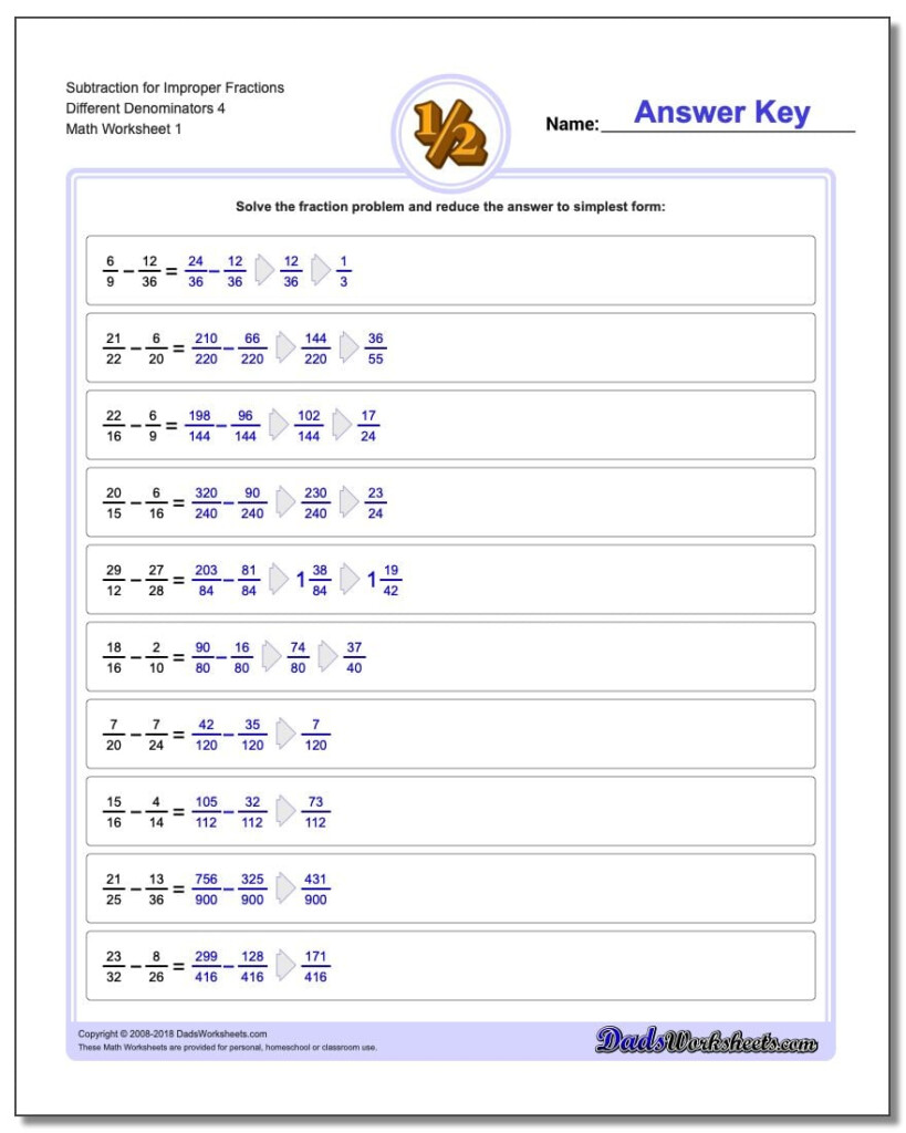 Subtracting Improper Fractions With Unlike Denominators