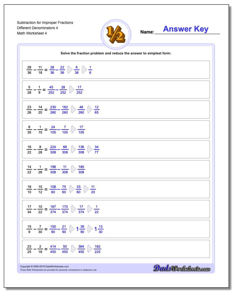 Subtracting Improper Fractions With Unlike Denominators