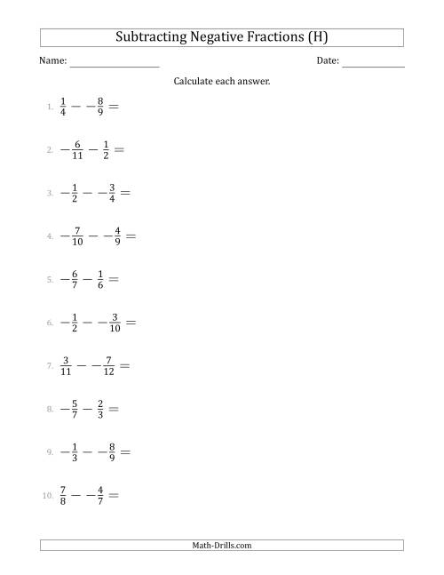 Subtracting Negative Fractions With Denominators To Twelfths H