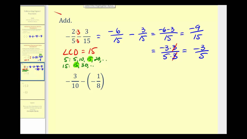 Subtracting Signed Fractions YouTube